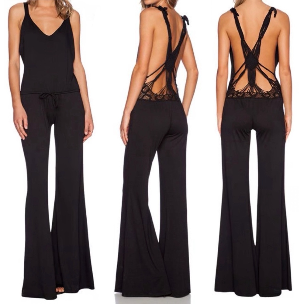 BETTINIS x REVOLVE MACRAME OPEN BACK HALTER BLACK JUMPSUIT MEDIUM LARGE STUNNING